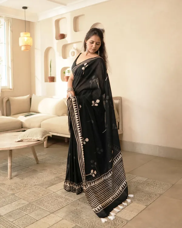 Multicolour_Cotton_Leaf_Block_Print_Moonga_Saree_With_Tassels_For_Women
